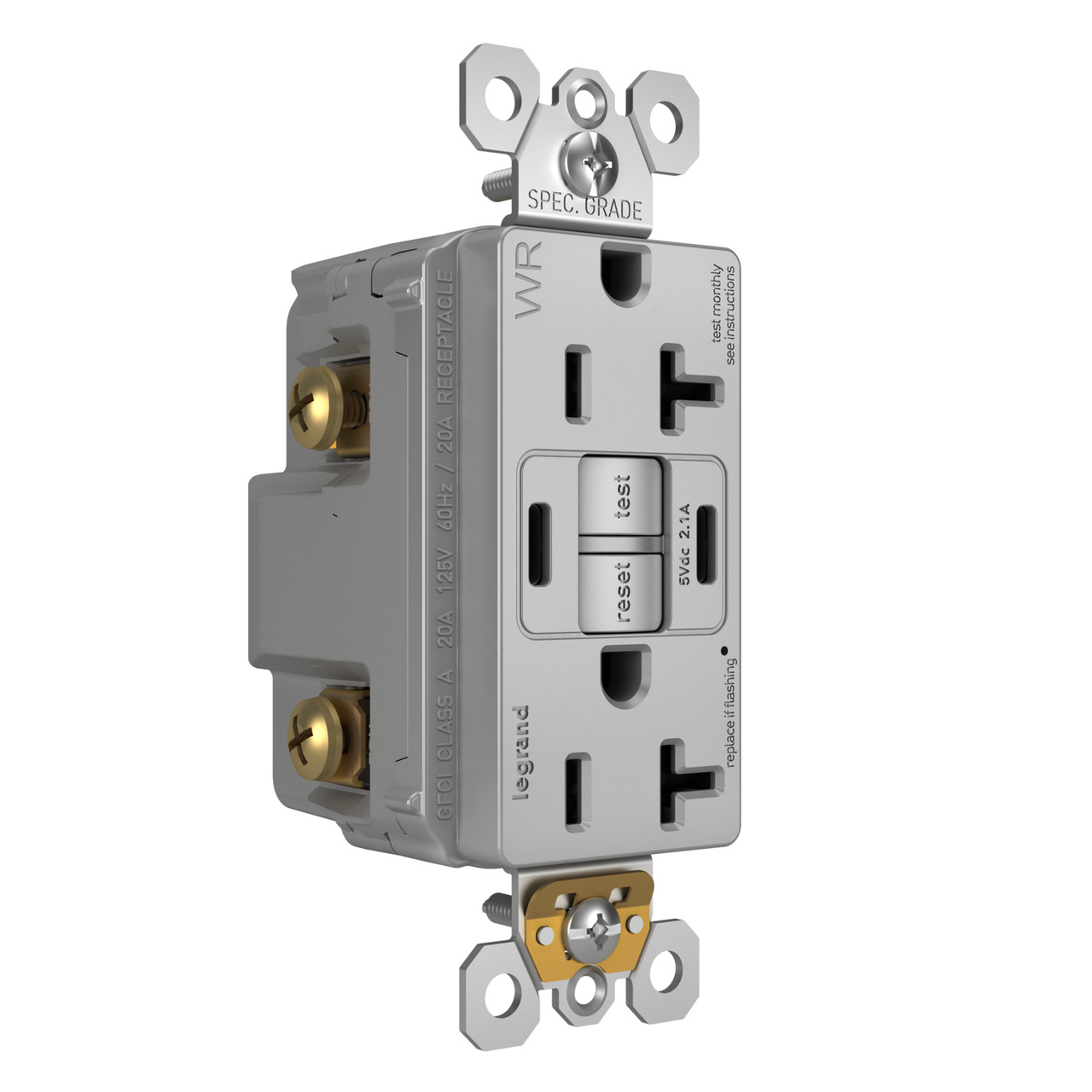 radiant® 20A Tamper-Resisant Outdoor Self-Test GFCI USB Type-C/C Outlet