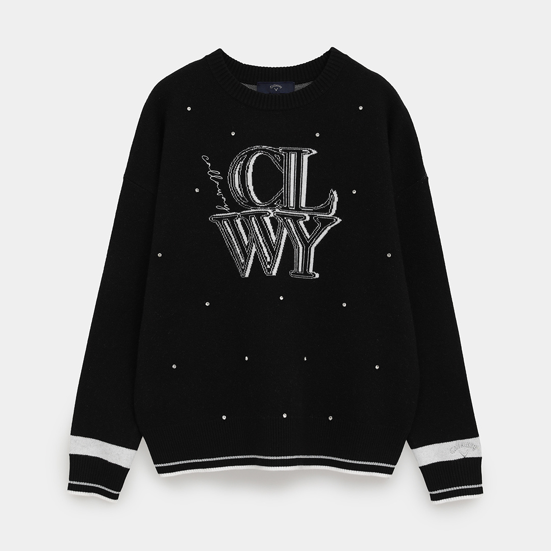 クルーネック長袖ラインストーン付きニット (WOMENS) クルーネック長袖ラインストーン付きニット (WOMENS)