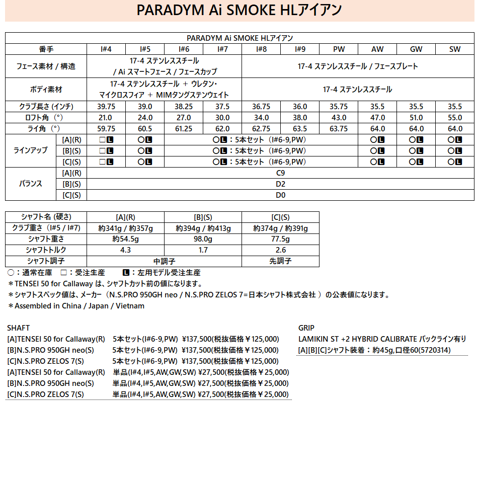 新品未使用 Aiスモーク HL SW 純正スチールシャフト フレックスS PARADYM Ai SMOKE HLアイアン