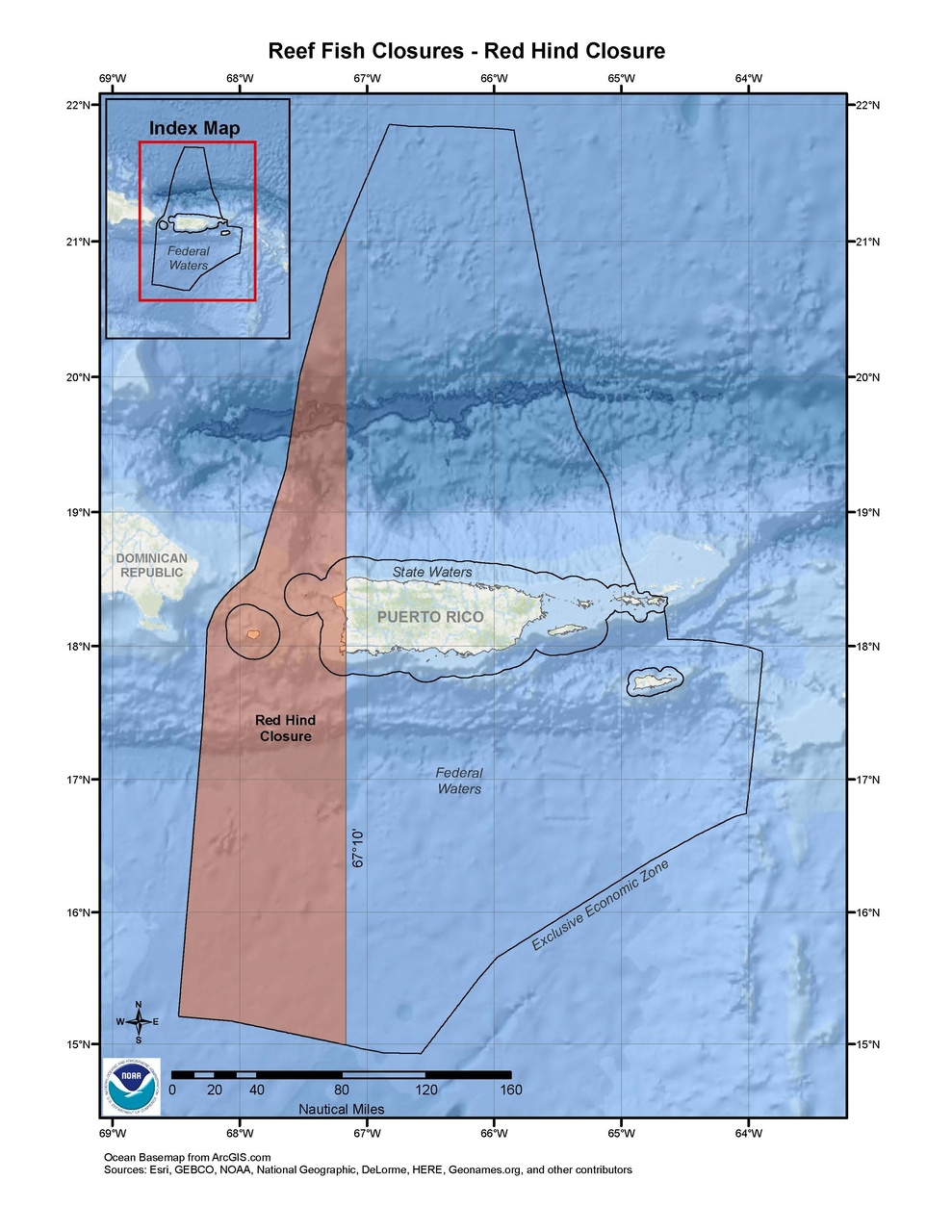 This is a map of the seasonal red hind closure area in the western U.S. Caribbean.