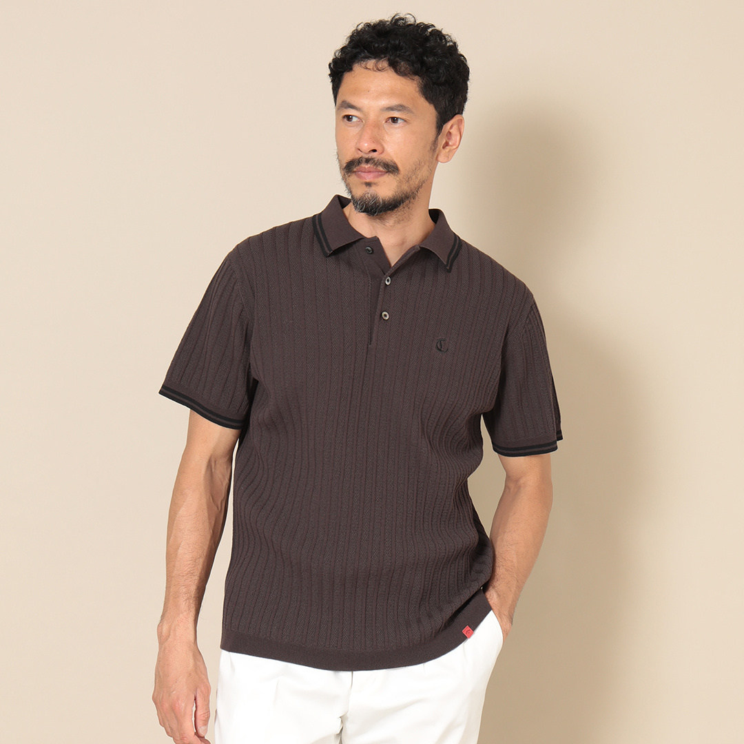 ストライプカノコ半袖ニットポロ (MENS)