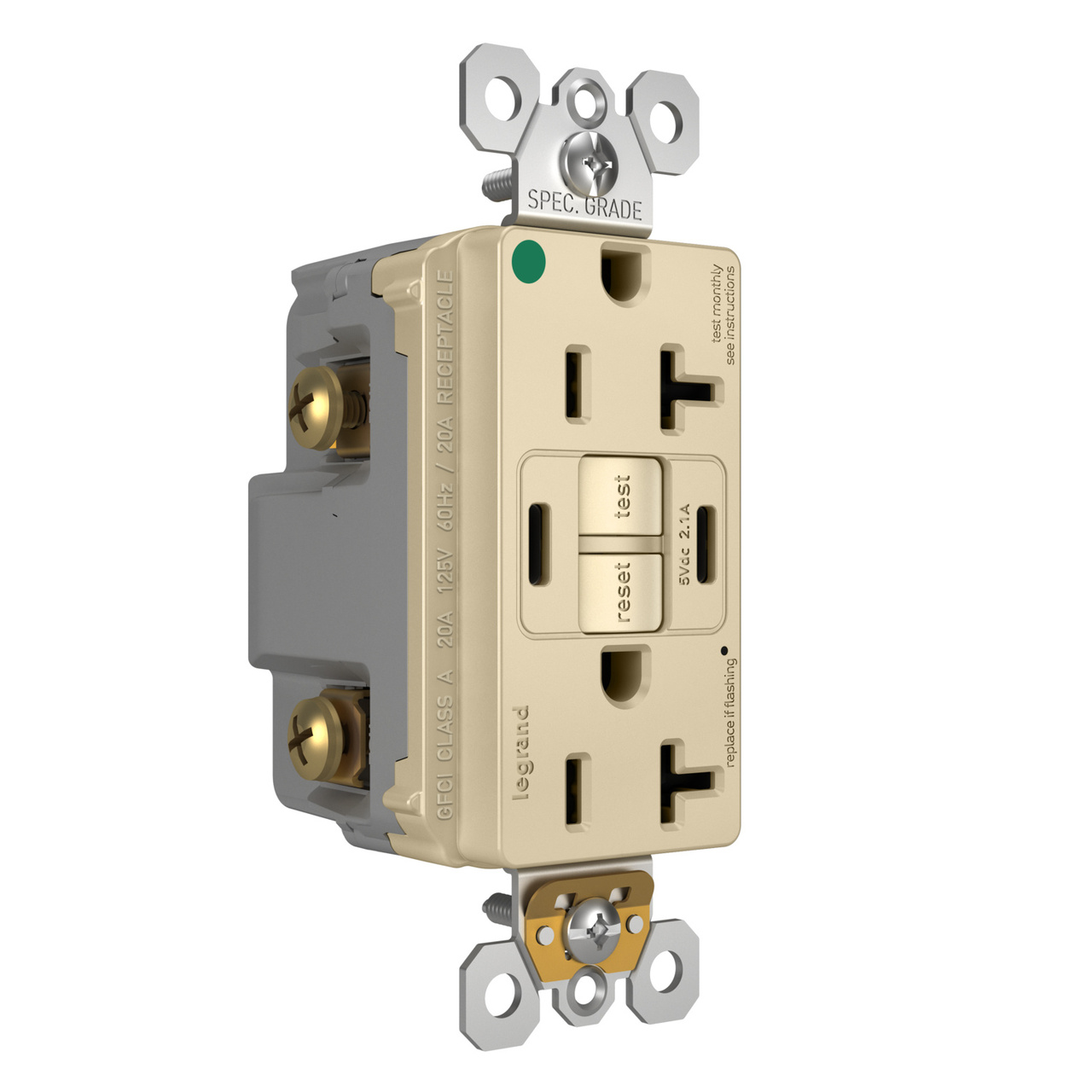 radiant® 20A Hospital-Grade Tamper-Resisant Self-Test GFCI USB Type-C/C Outlet