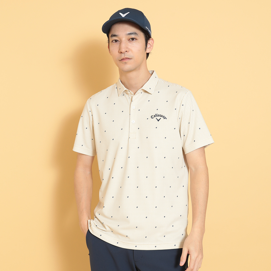 ポリエステルカノコ千鳥柄半袖シャツ (MENS)