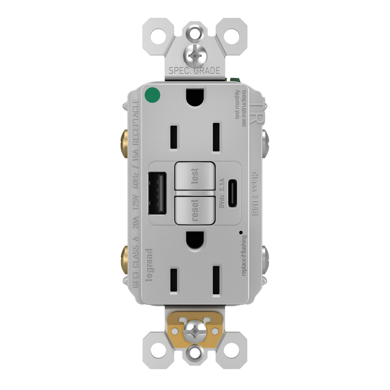 radiant® 15A Hospital-Grade Tamper-Resisant Self-Test GFCI USB Type-A/C Outlet
