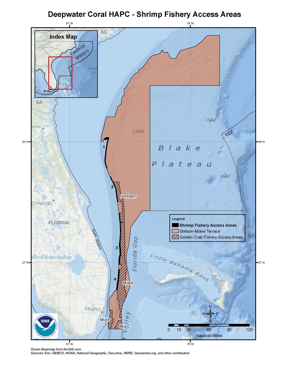 This is a map of shrimp fishery access areas in the deepwater coral HAPC in the South Atlantic Region.