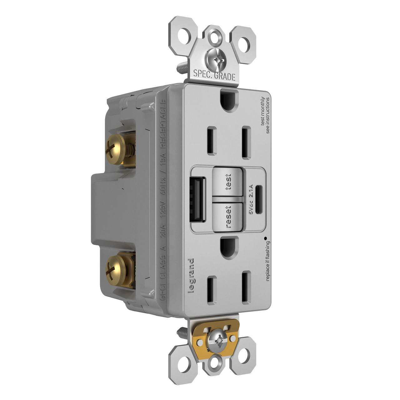 radiant Collection GFCI USB Type A/C Outlet in Gray