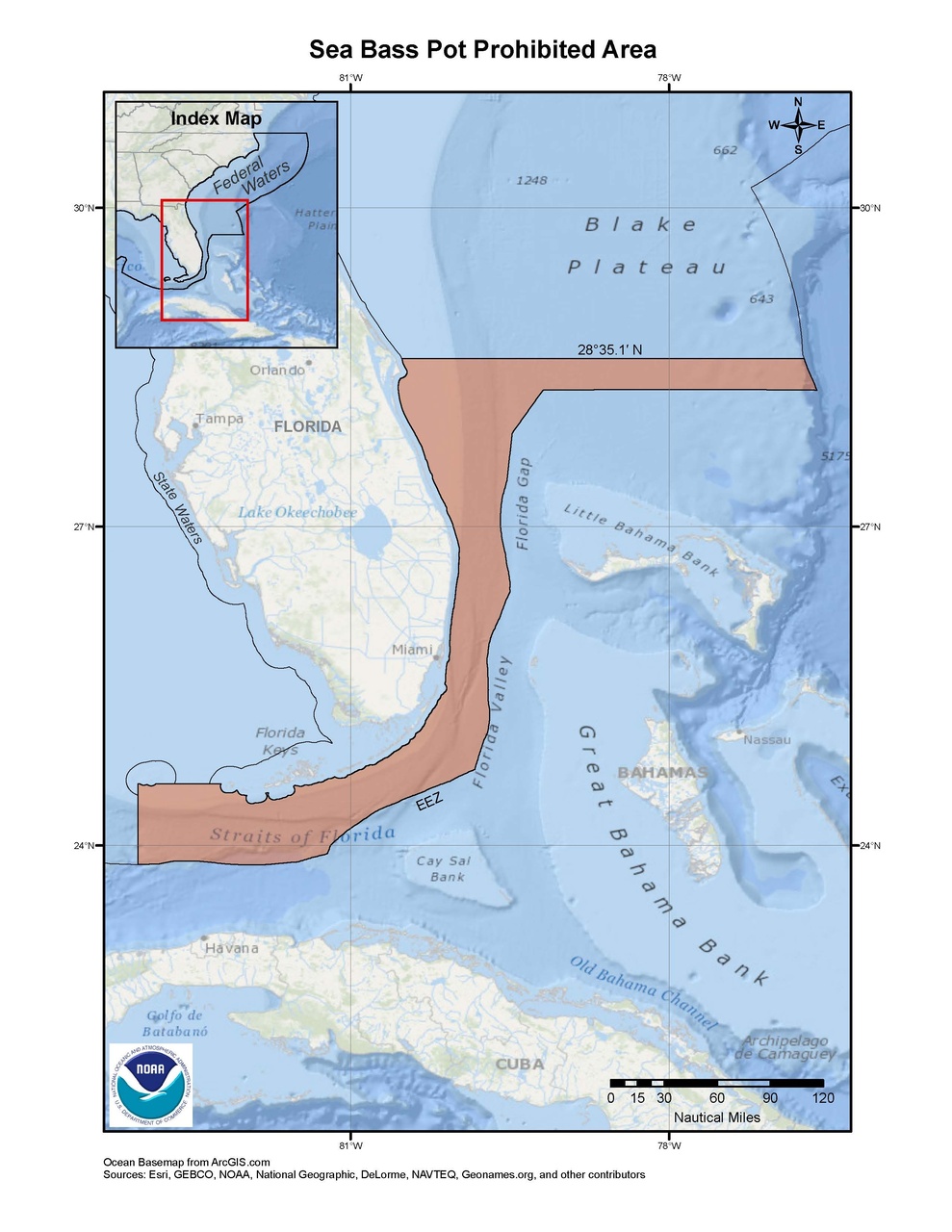 This is a map of the sea bass pot prohibited area for the snapper-grouper fishery in the South Atlantic Region.