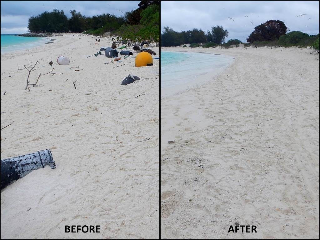On April 30, 2016, the team returned to Midway Atoll for one day to clean up 2,256 lbs of marine debris from Turtle Beach on the northern shoreline of Sand Island at Midway Atoll National Wildlife Refuge. Photo: NOAA Fisheries