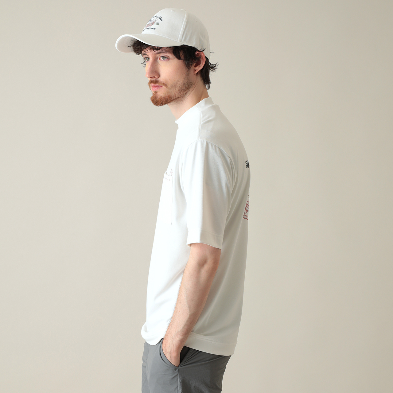 半袖バックプリントリラックスモックネック(MENS)