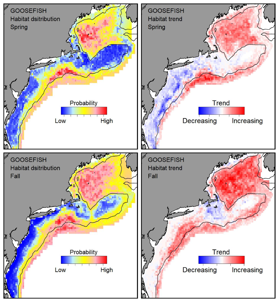 Probable habitat distribution for goosefish showing the highest concentration and increasing trend in the Gulf of Maine during the spring. Bottom row: Probable habitat distribution for goosefish showing the highest concentration and increasing trend in the Gulf of Maine during the fall.