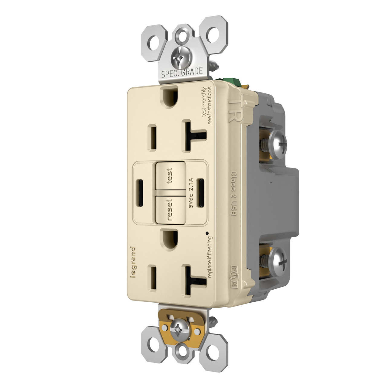 radiant Collection 20 amp GFCI USB Type C/C Outlet in Light Almond