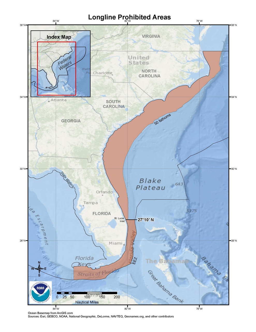 This is a map of the longline prohibited areas for the snapper-grouper fishery in the South Atlantic Region.