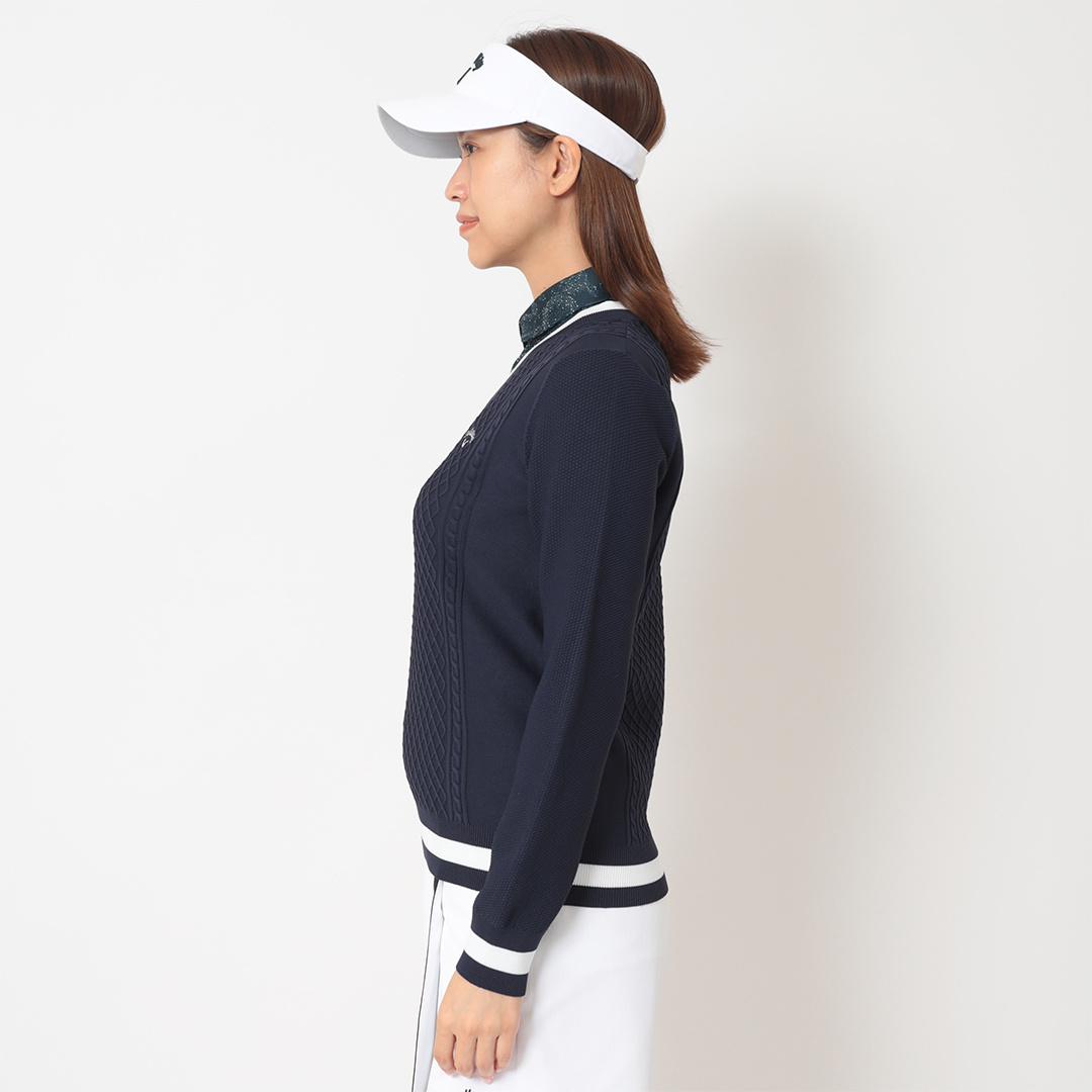 ケーブル編みポリエステルVネックニット (WOMENS)