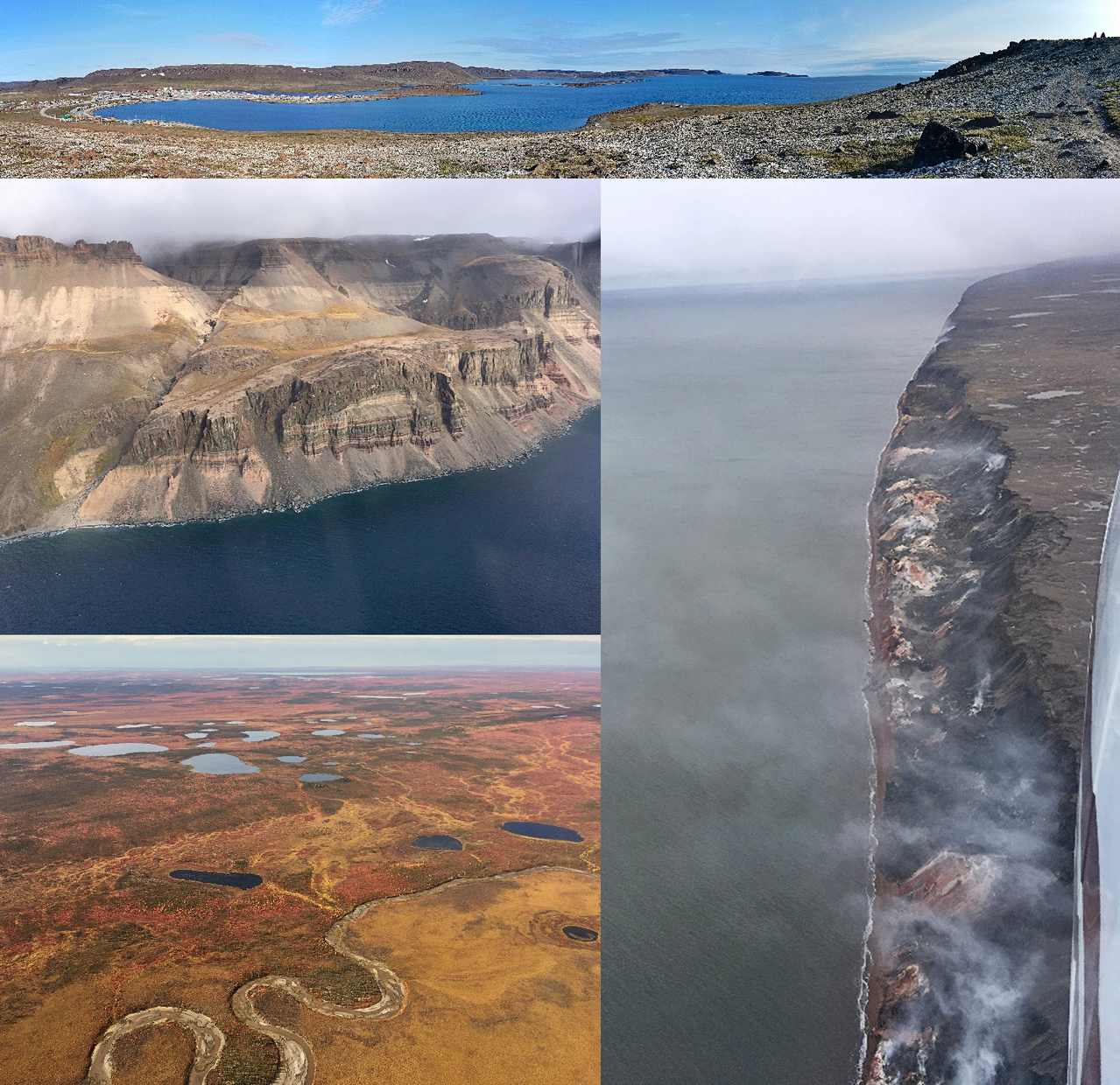 In addition to bowhead whales and other marine mammals, the ASAMM Bowhead Whale teams also saw spectacular sights in the Northwest Territories, Canada. The view above the village of Ulukhaktok (top). Sheer cliff faces of Banks Island (top left). Smoking Hills (right). Fiery fall tundra (bottom left). The Canadian Arctic was bathed in never-ending beauty to behold.