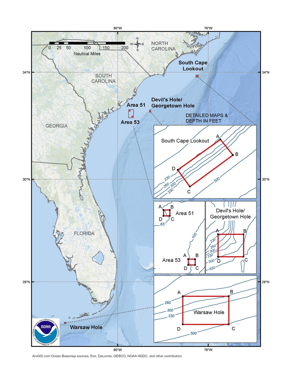 This is a map of the spawning SMZs for the snapper-grouper fishery in the South Atlantic Region.