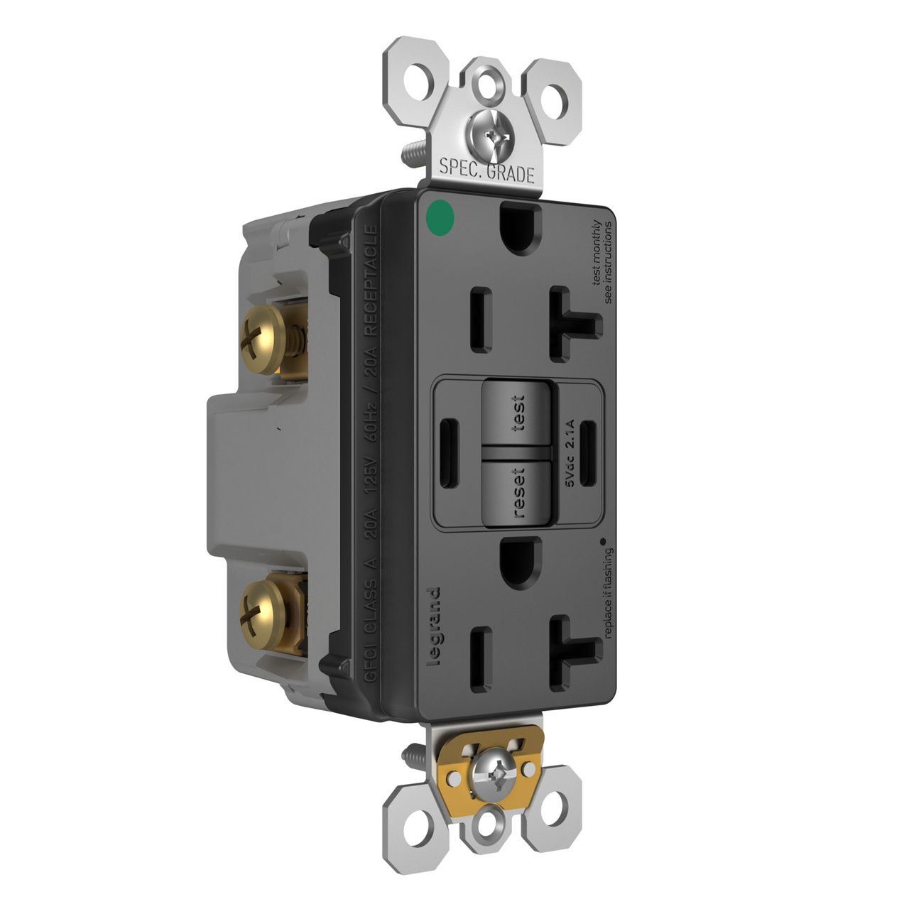 radiant® 20A Hospital-Grade Tamper-Resisant Self-Test GFCI USB Type-C/C Outlet