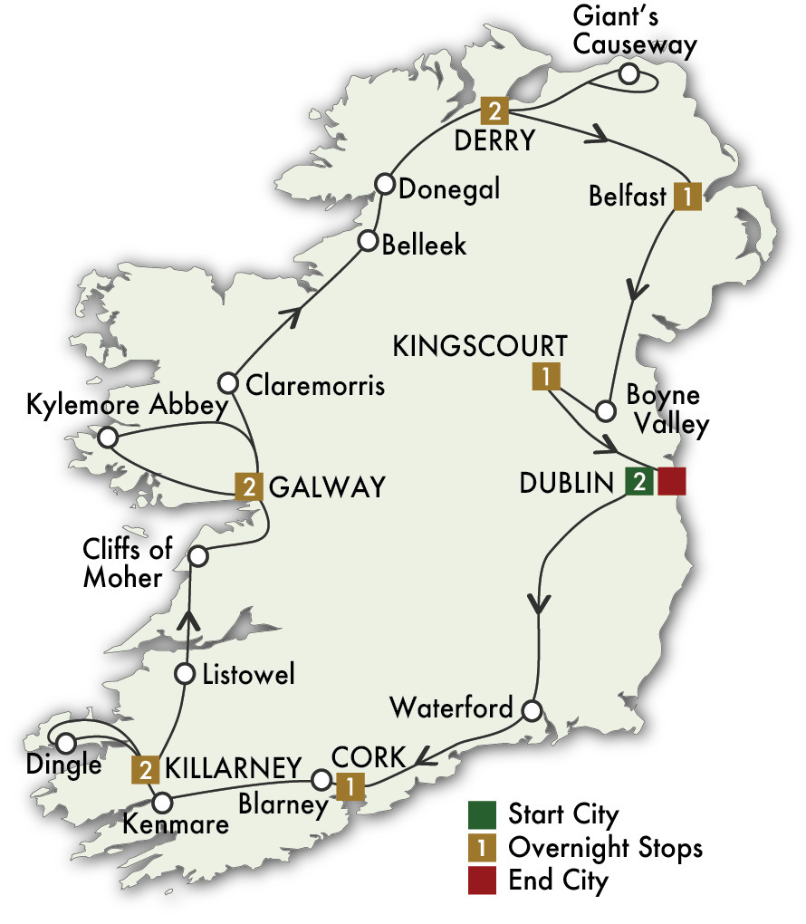 12 Day Irish Odyssey Self-Drive Itinerary Map