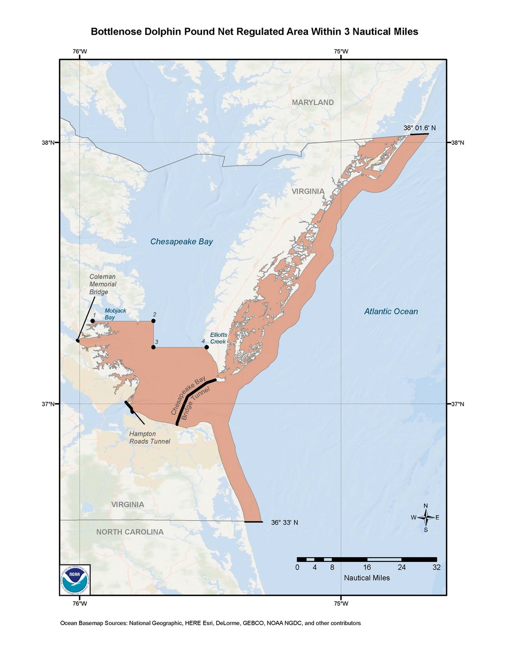 This is a map of the Bottlenose Dolphin Take Reduction Plan for the Pound Net Regulated Area.