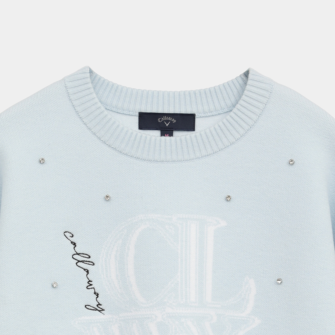 クルーネック長袖ラインストーン付きニット (WOMENS)