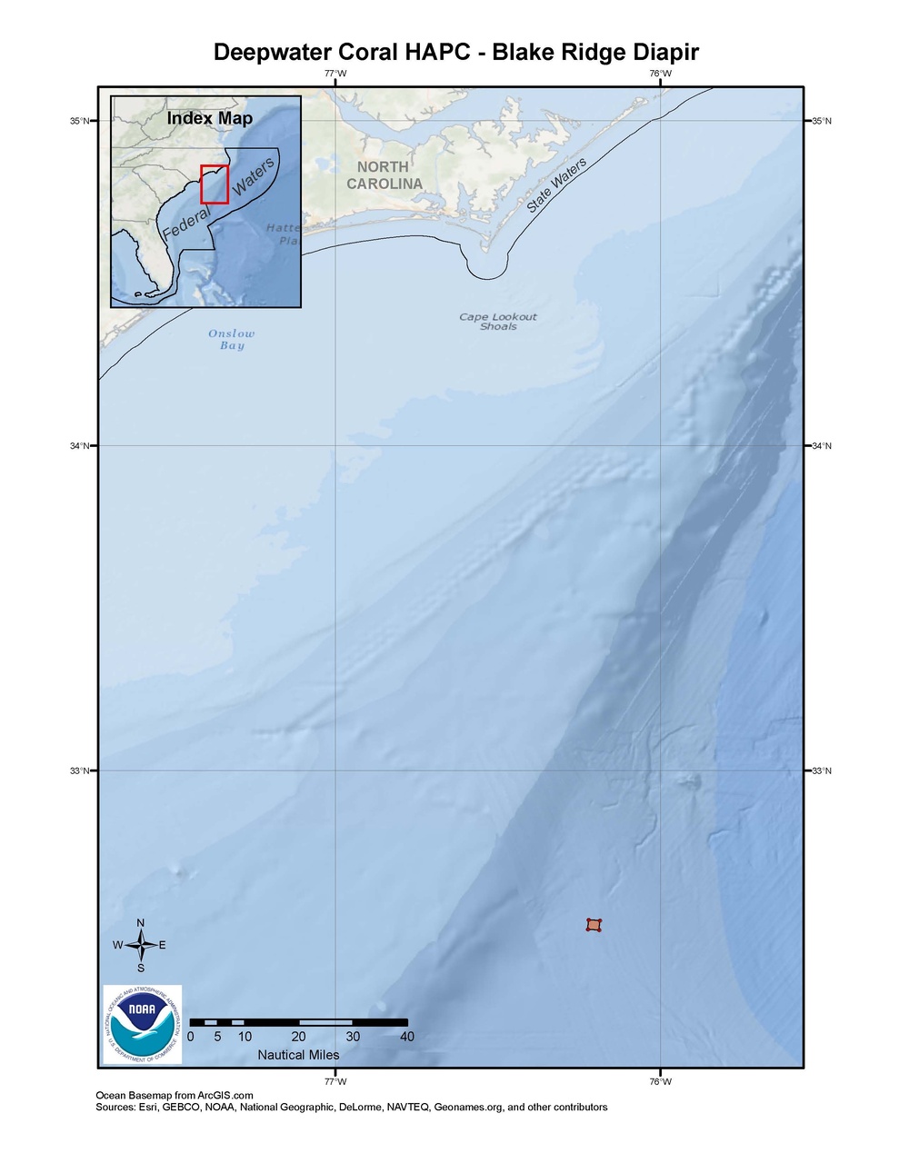 This is a map of the Blake Ridge Diapir Deepwater Coral HAPC in the South Atlantic Region.