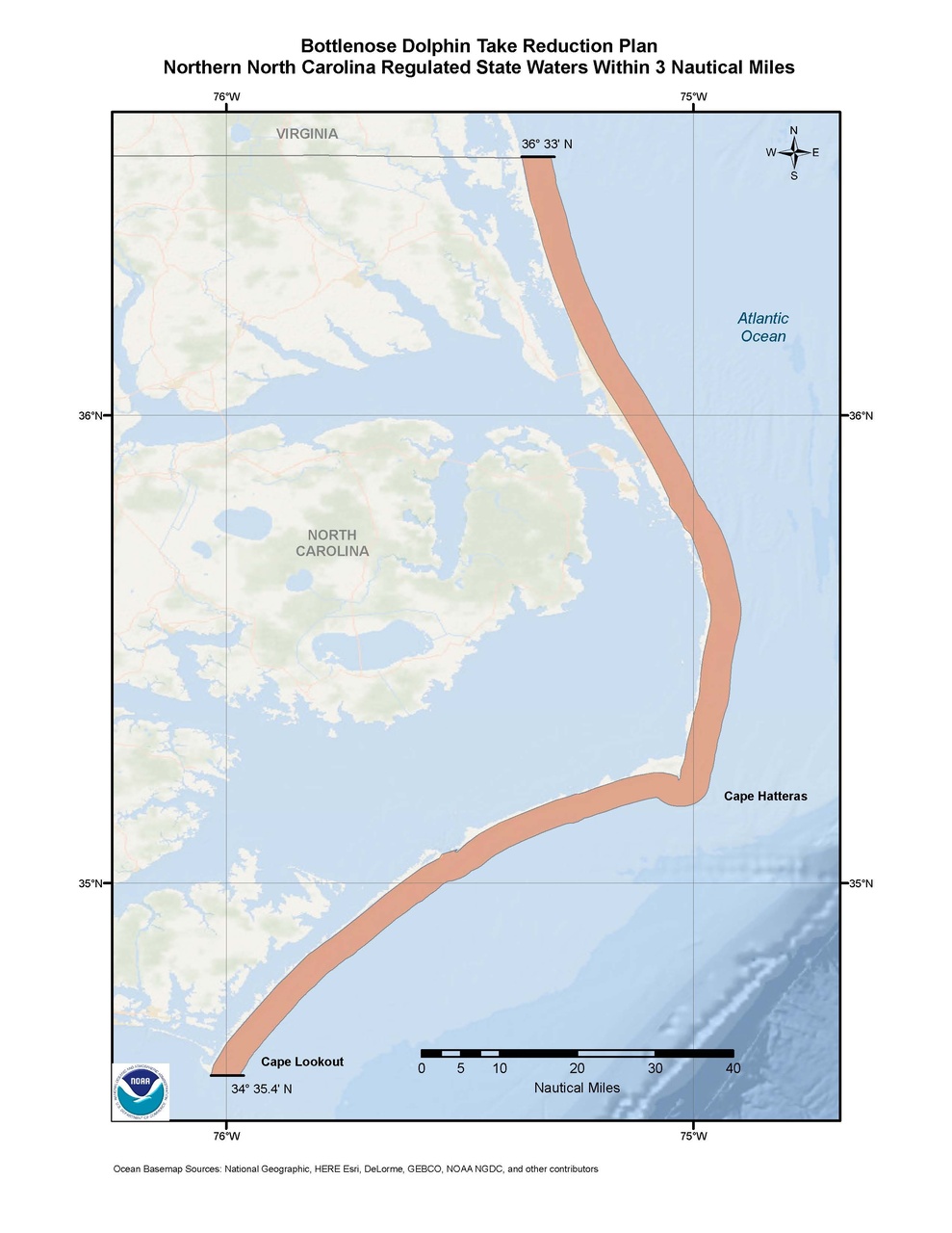 This is a map of the Bottlenose Dolphin Take Reduction Plan for northern North Carolina.