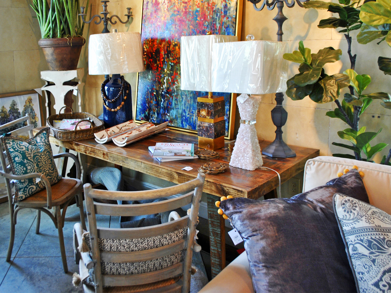 Lamps, pillows, art, candelabras, furniture and accessories abound in Pandy Agnew's showroom! Lamps, pillows, art, candelabras, furniture and accessories abound in Pandy Agnew's showroom!