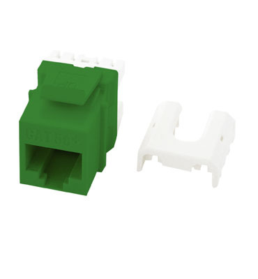 Photo of an Green, Cat 5e Quick Connect RJ45 Keystone Insert on a White Background