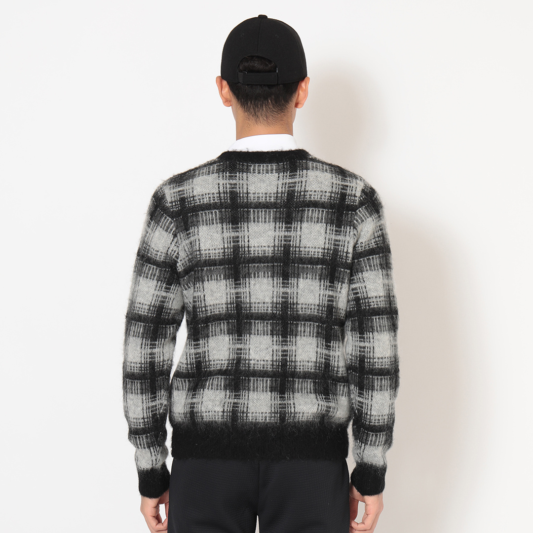 モヘア混オンブレチェッククルーネック長袖ニット (MENS)