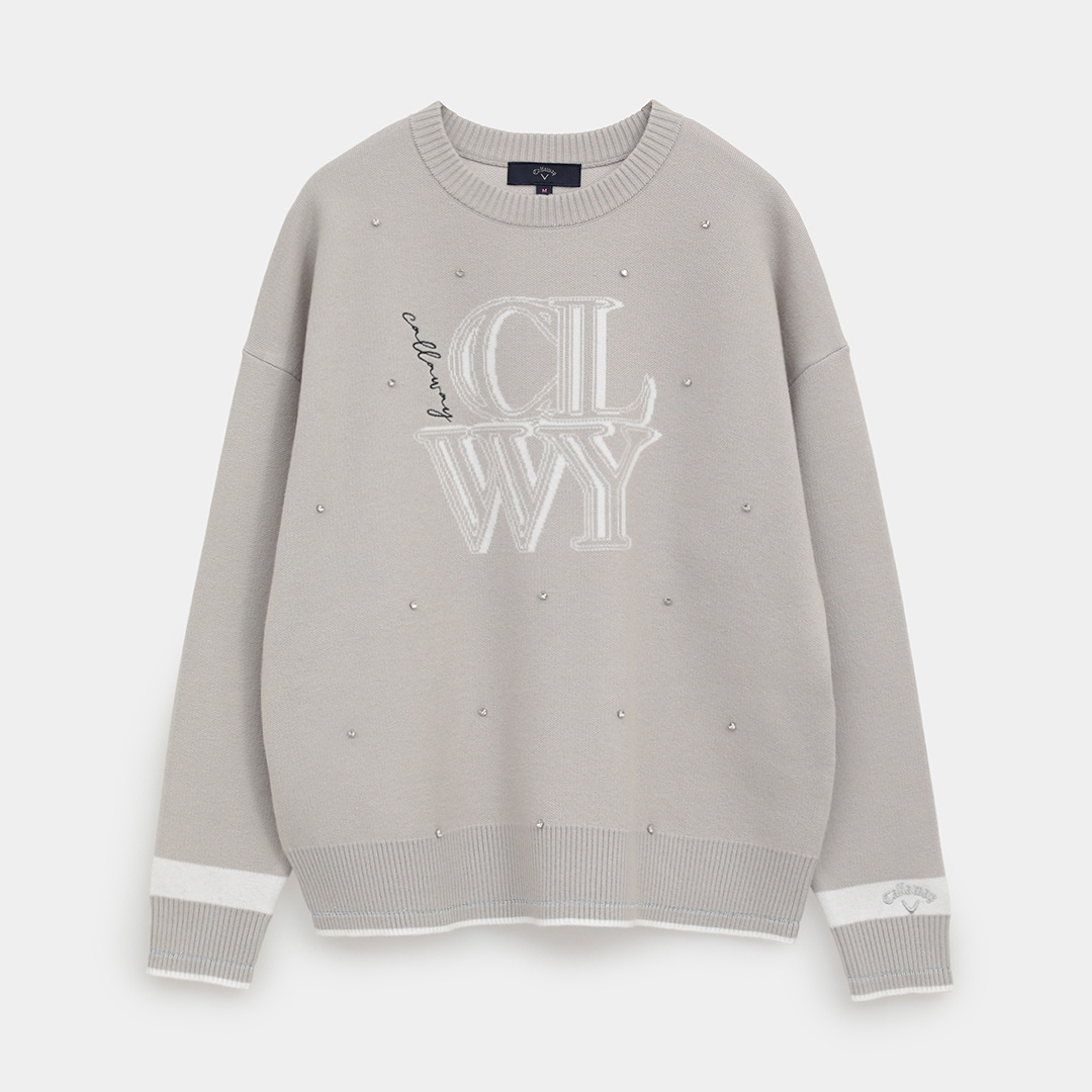 クルーネック長袖ラインストーン付きニット (WOMENS)