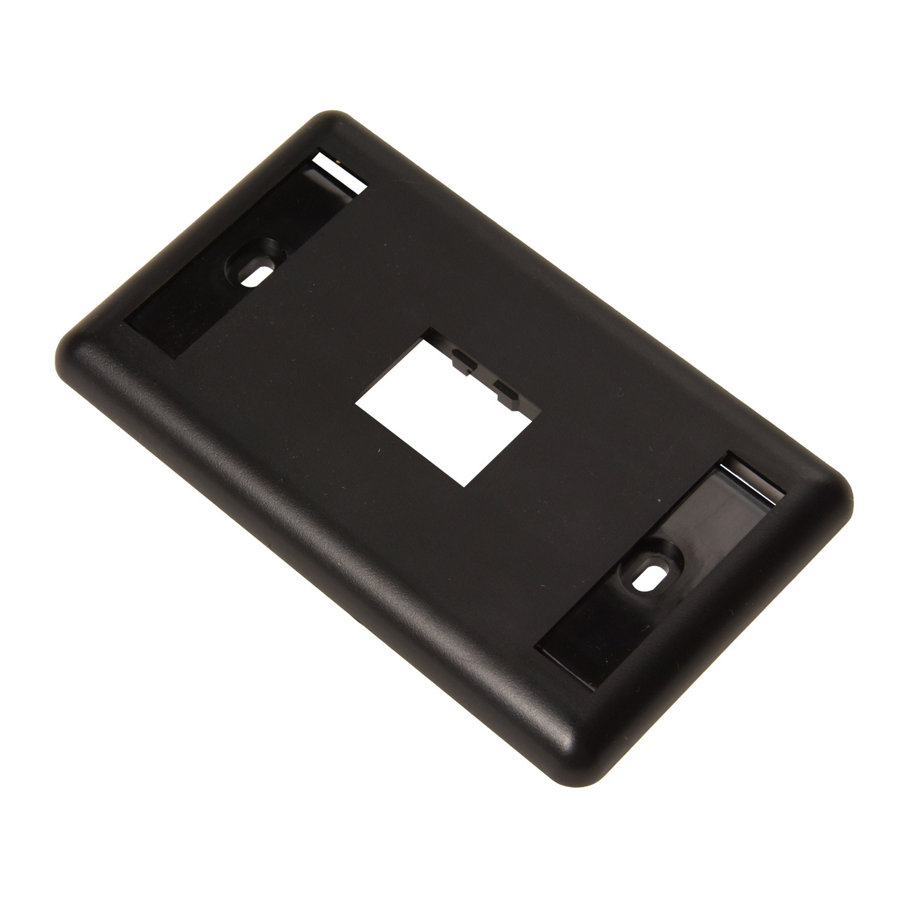 Black single gang plastic faceplate with white background