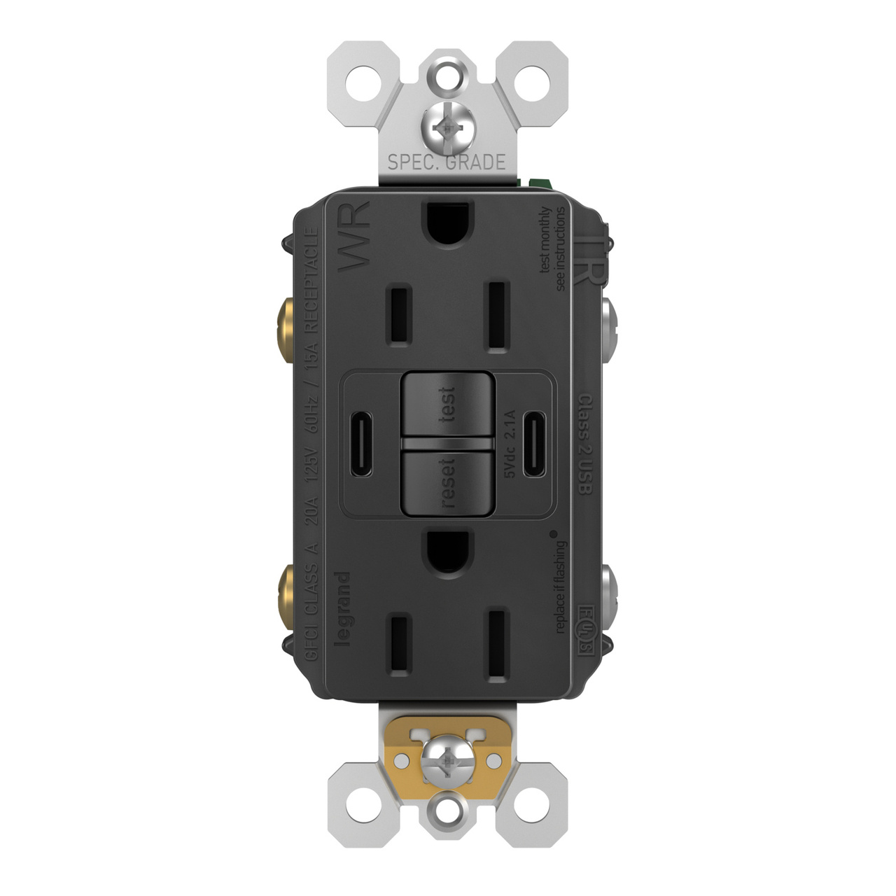 radiant® 15A Tamper-Resisant Outdoor Self-Test GFCI USB Type-C/C Outlet