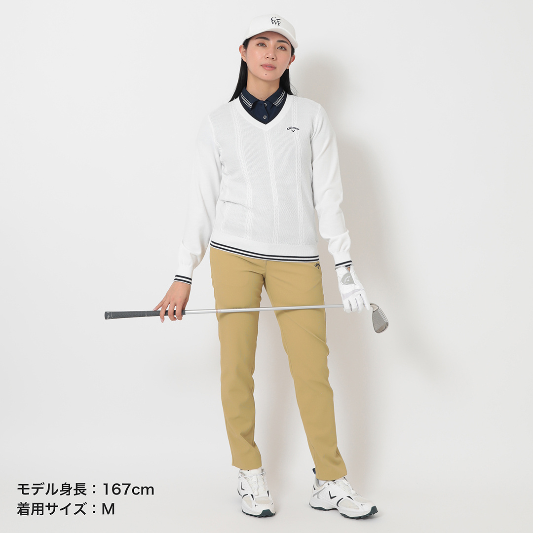 ケーブル編みポリエステルVネックニット (WOMENS)