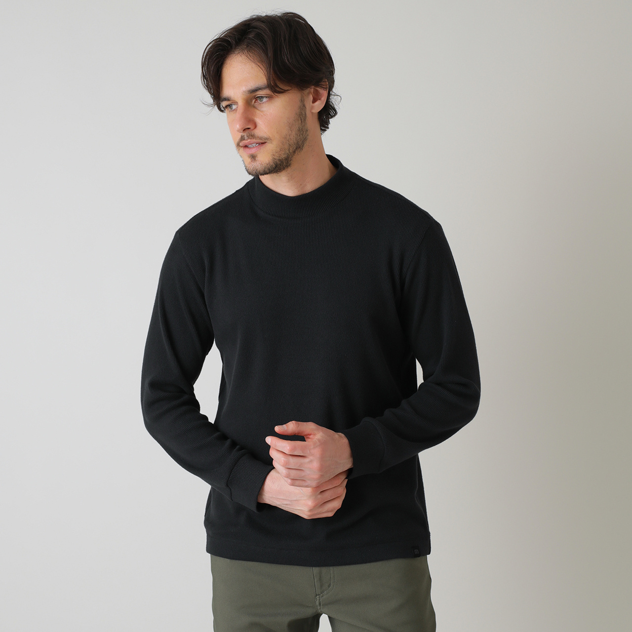 長袖ワッフル胸ポケットセミモックネック(MENS)
