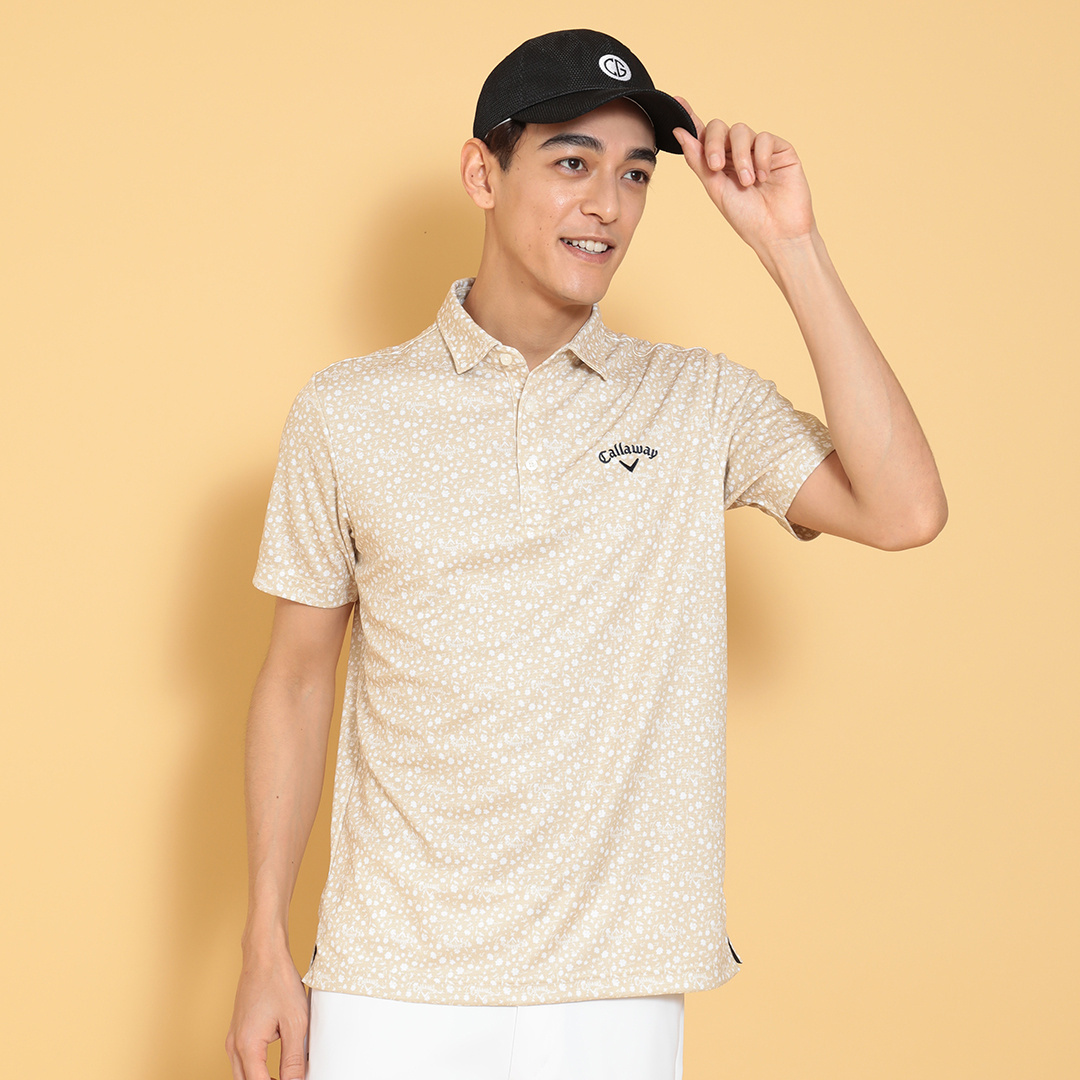 ポリエステルハニカム小花柄半袖シャツ (MENS)