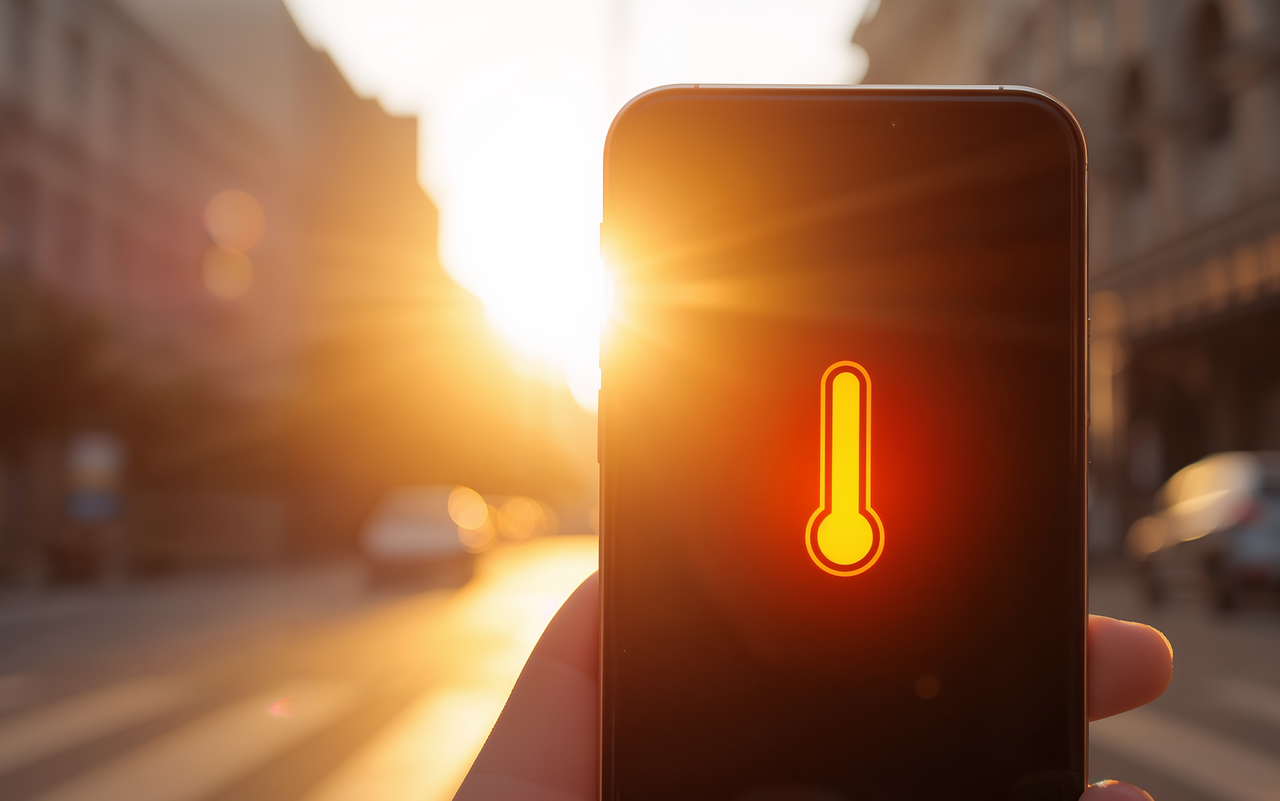 Smartphone mit Temperaturwarnsymbol in der prallen Sonne