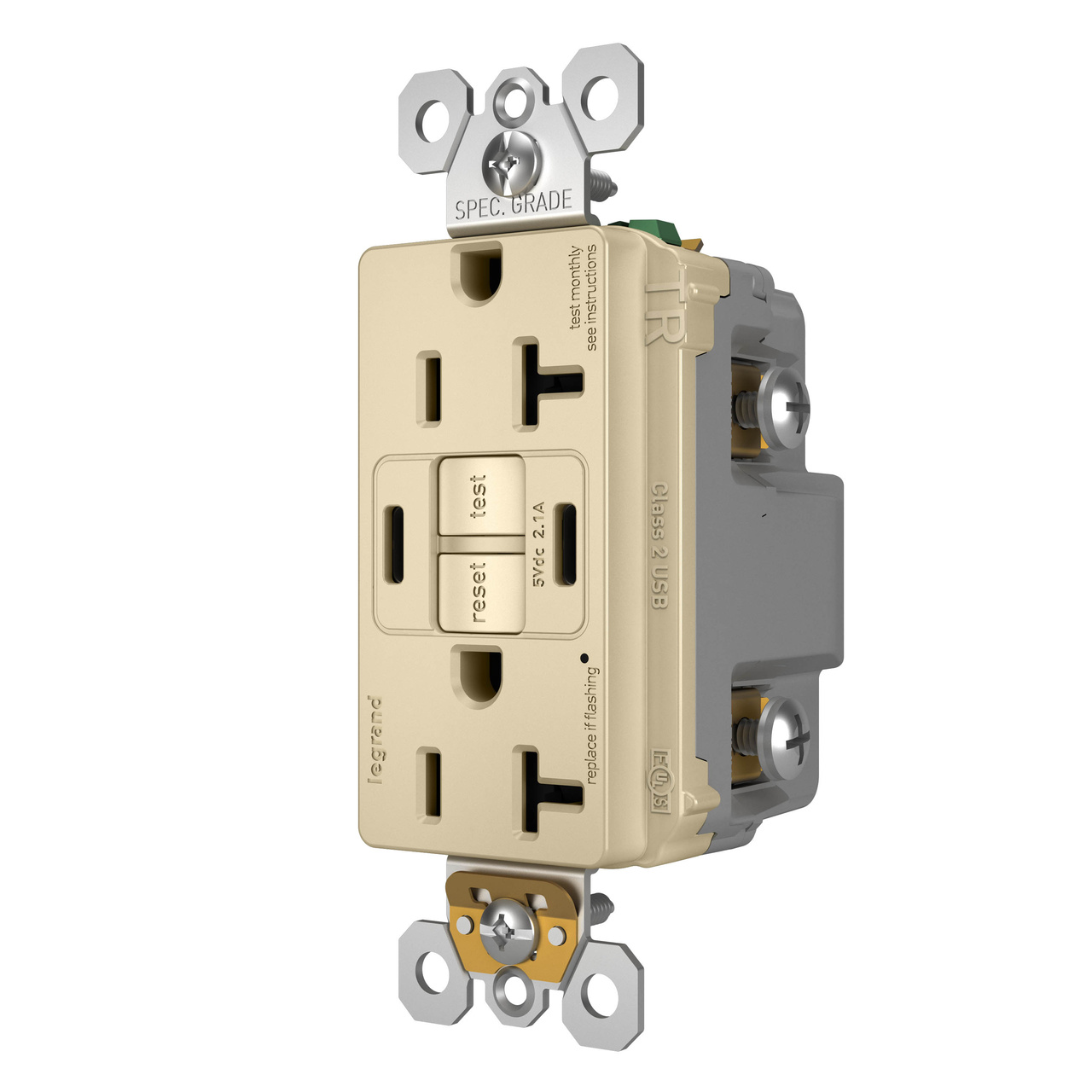 radiant Collection 20 amp GFCI USB Type C/C Outlet in Ivory