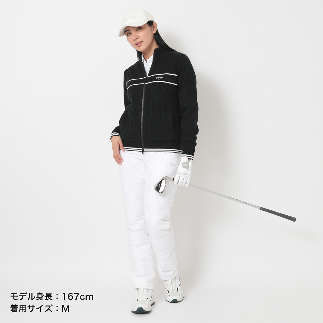 ケーブル編みフルジップ防風裏地付きアクリルニット (WOMENS)