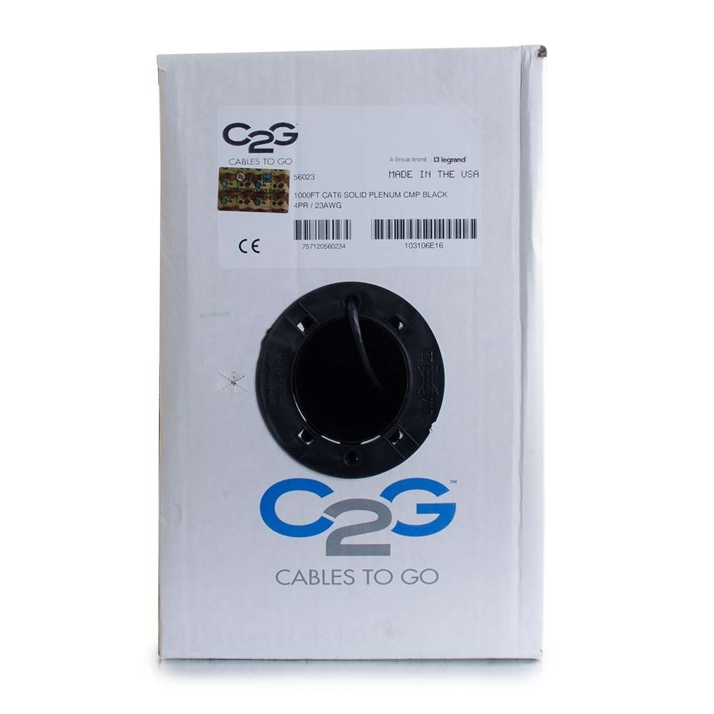 Cat6 Bulk Unshielded (UTP) Ethernet Network Cable with Solid Conductors - Plenum CMP-Rated - Black (TAA)