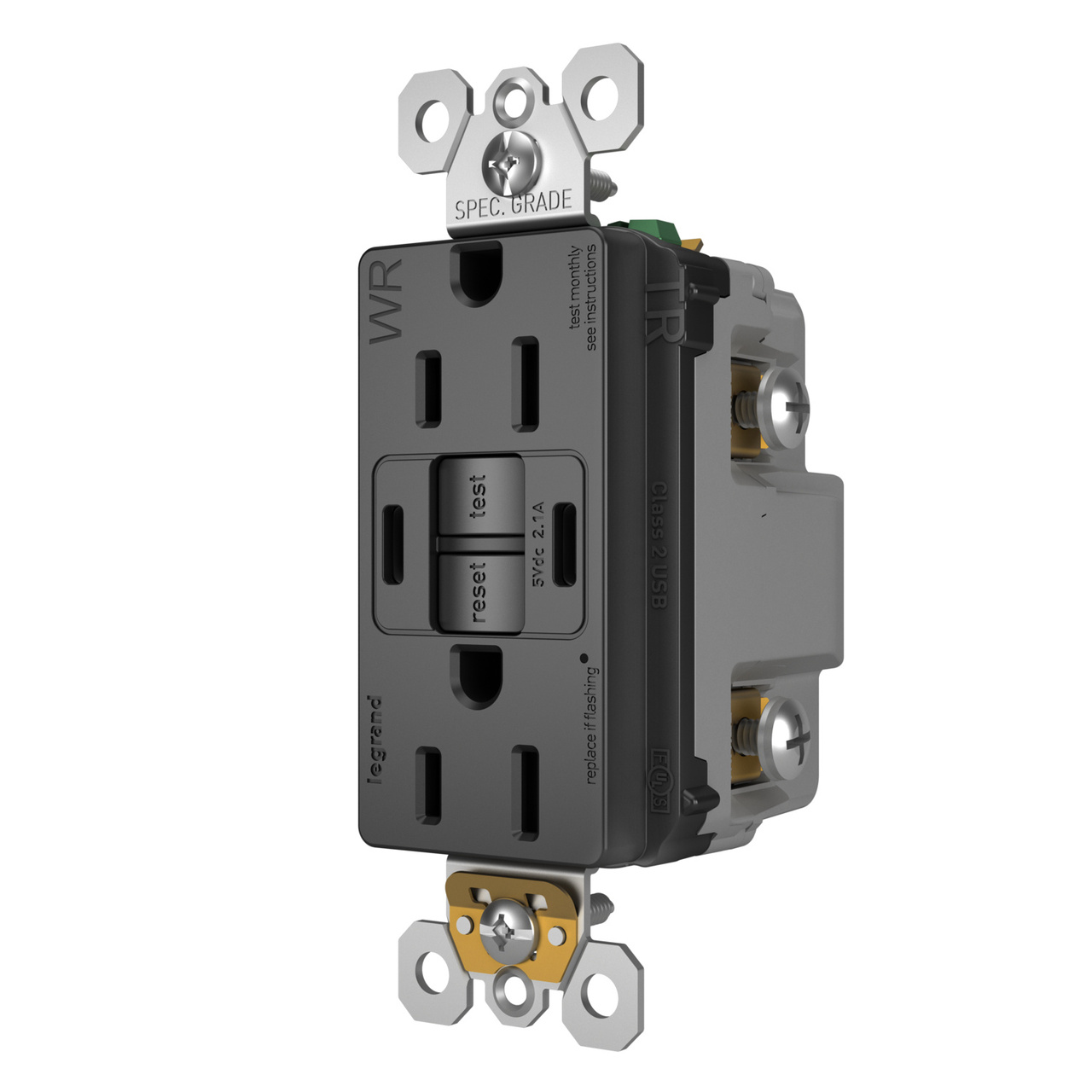 radiant® 15A Tamper-Resisant Outdoor Self-Test GFCI USB Type-C/C Outlet