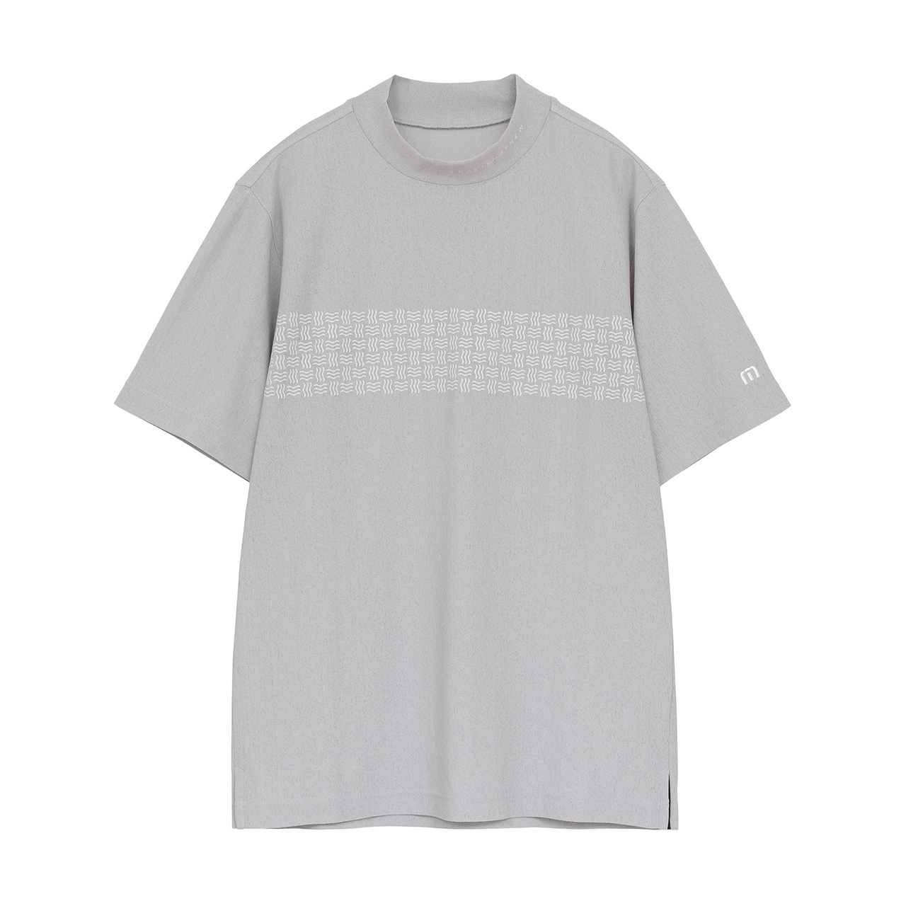ラッセル編み半袖チェストプリントモックネック(MENS)