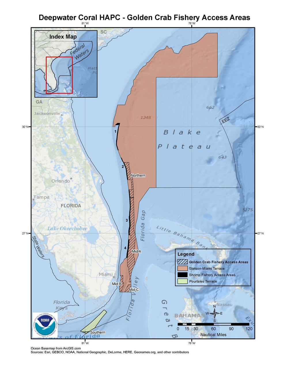 This is a map of golden crab fishery access areas in the deepwater coral HAPCs in the South Atlantic Region.