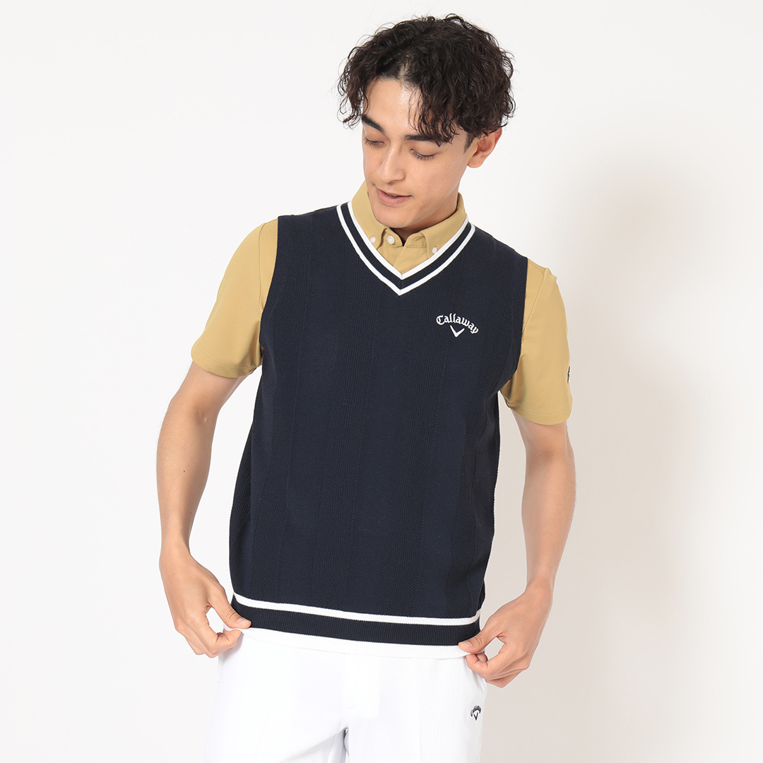 タック編みポリエステルVネックニットベスト (MENS)