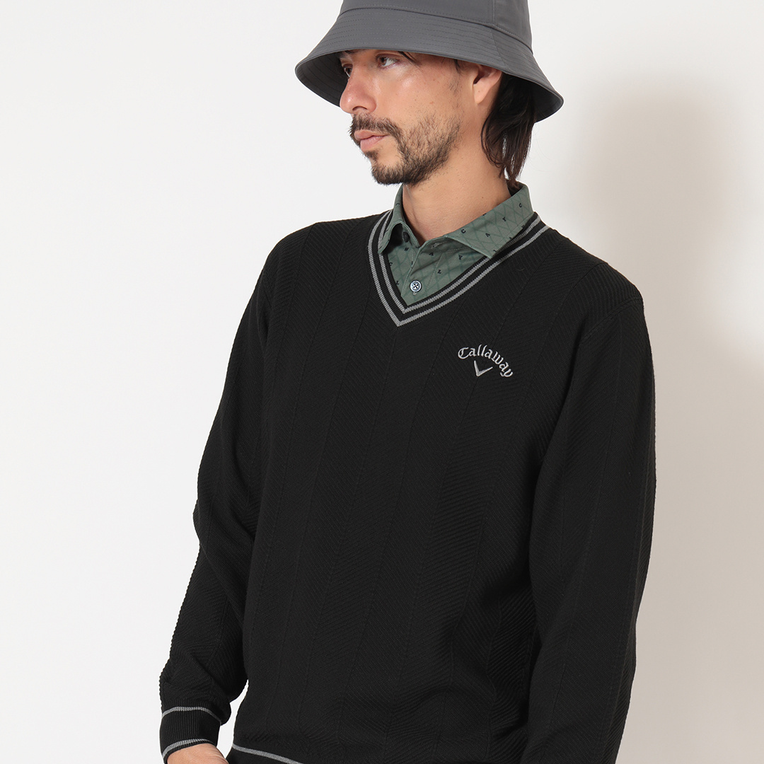 へリンボン編みポリエステルVネックニット (MENS)