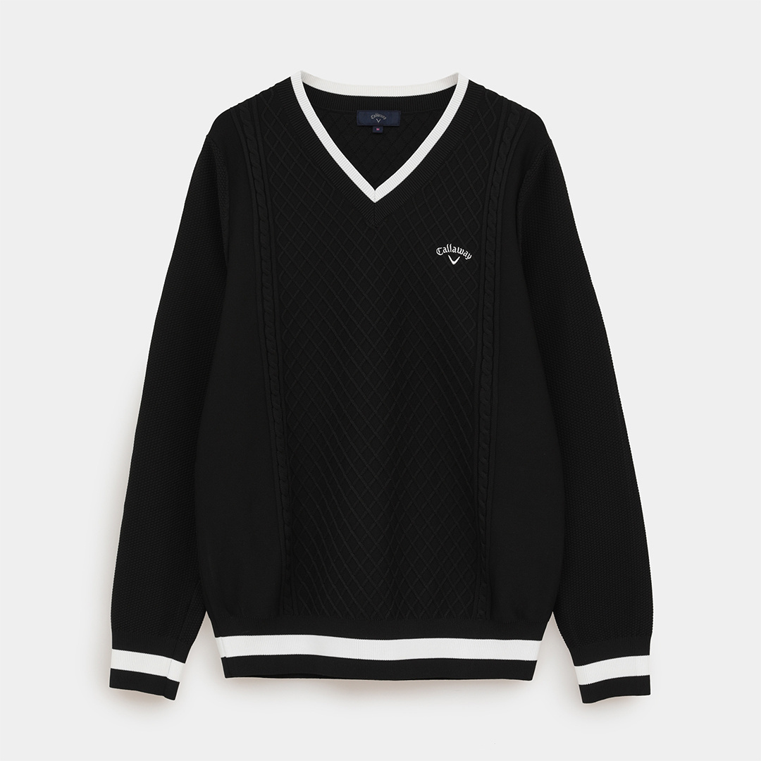 ケーブル編みポリエステルVネックニット (WOMENS)