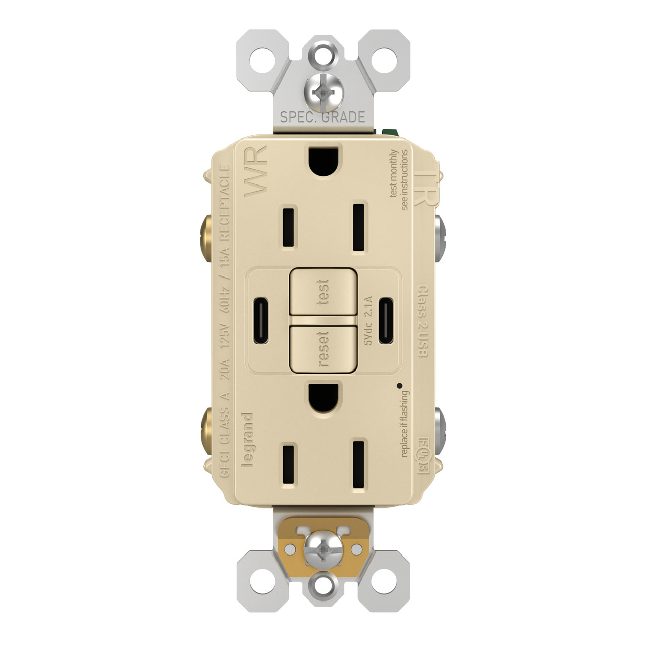 radiant® 15A Tamper-Resisant Outdoor Self-Test GFCI USB Type-C/C Outlet
