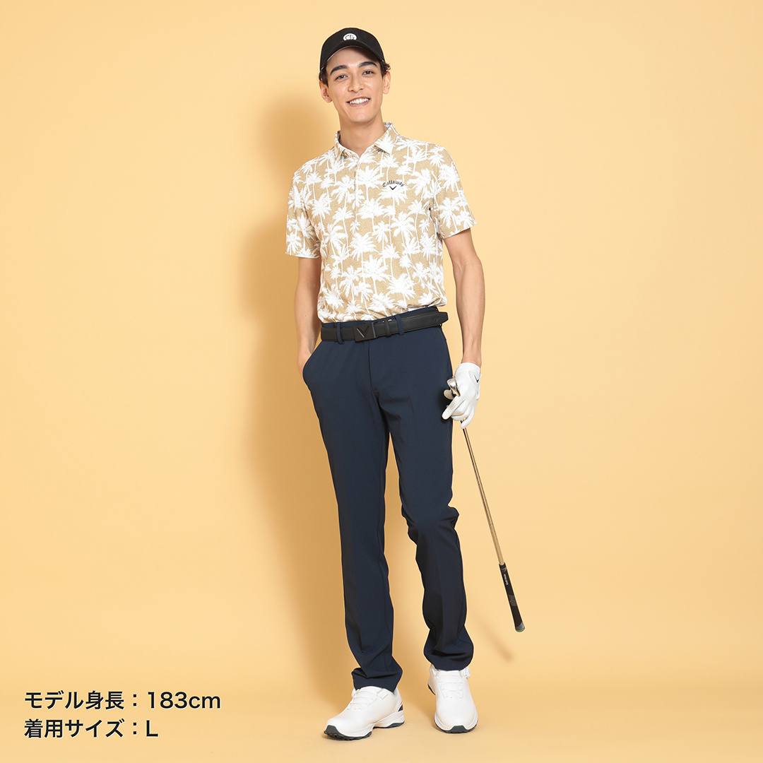 CPG GOLF メンズ パイル 半袖 シャツ ベージュ ポリエステルピケヤシ柄半袖シャツ (MENS)