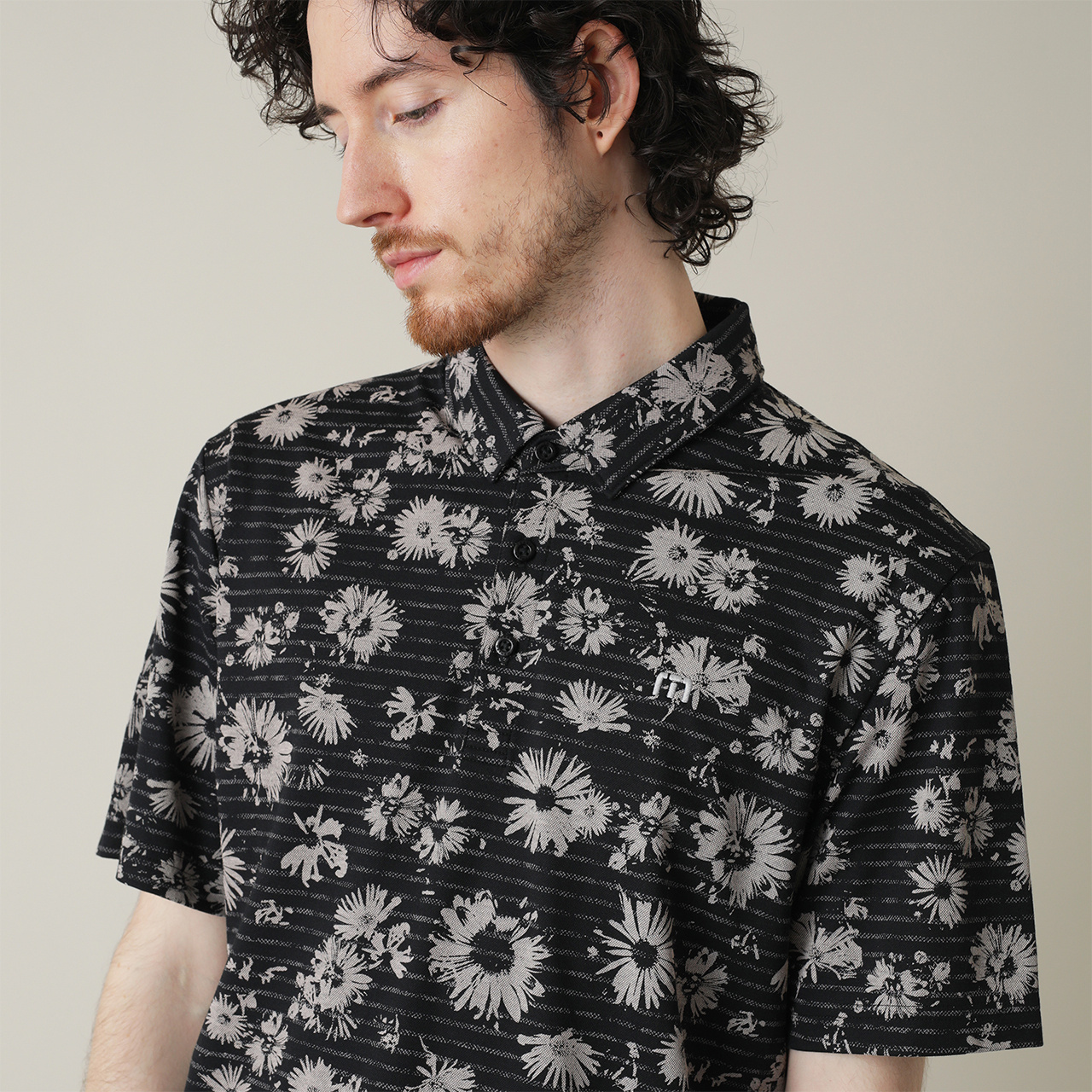T/C ストライプ フラワープリント 半袖ポロ(MENS)