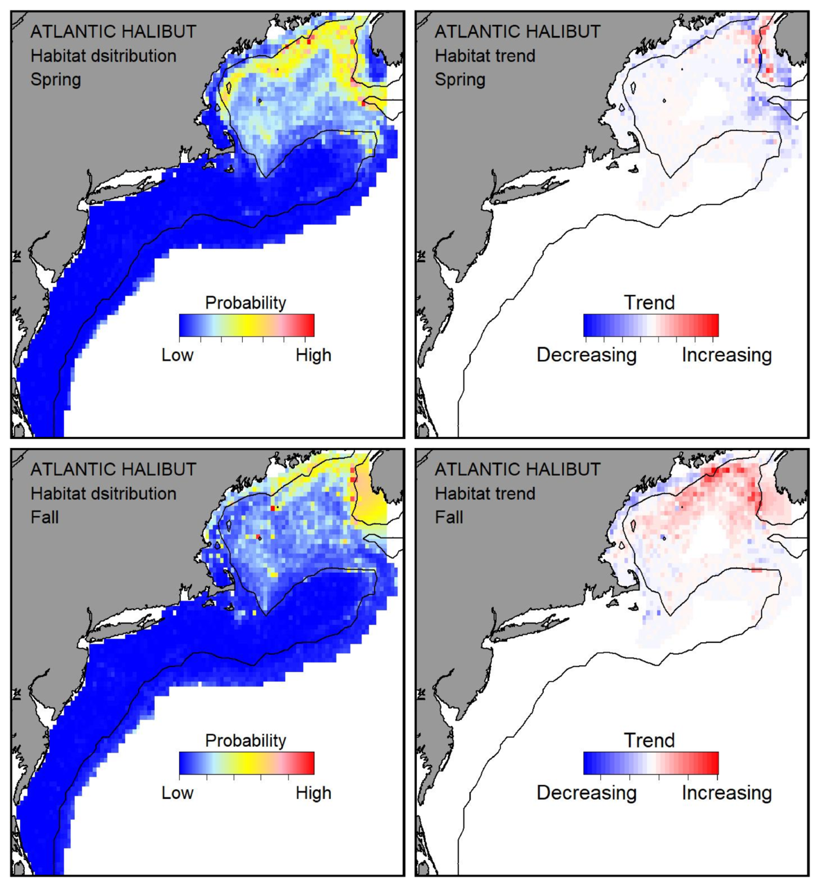 Probable habitat distribution for Atlantic halibut showing the highest concentration and increasing trend in the Gulf of Maine during the spring. Bottom row: Probable habitat distribution for Atlantic halibut showing the highest concentration and increasing trend in the Gulf of Maine during the fall.