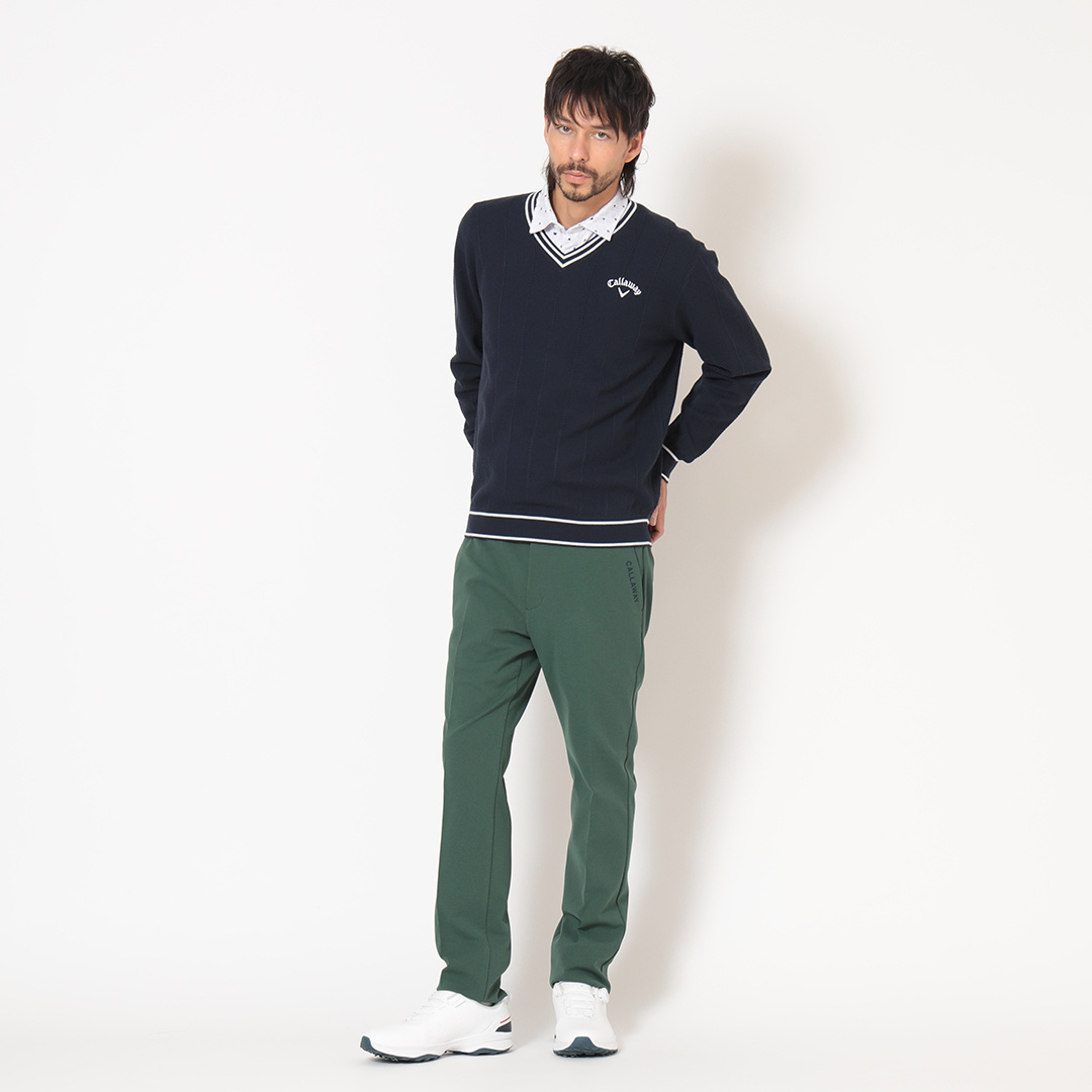 へリンボン編みポリエステルVネックニット (MENS)