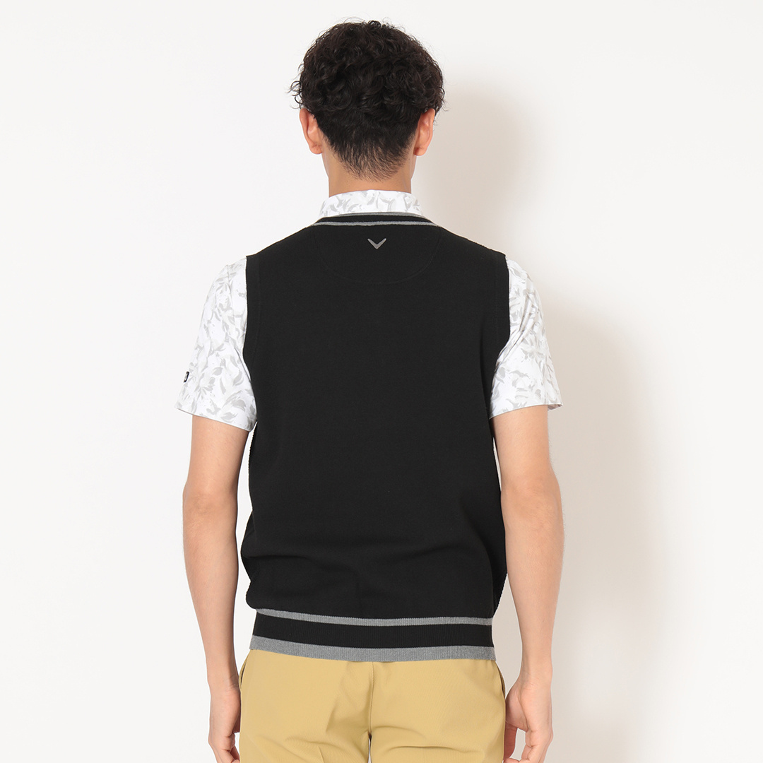 タック編みポリエステルVネックニットベスト (MENS)